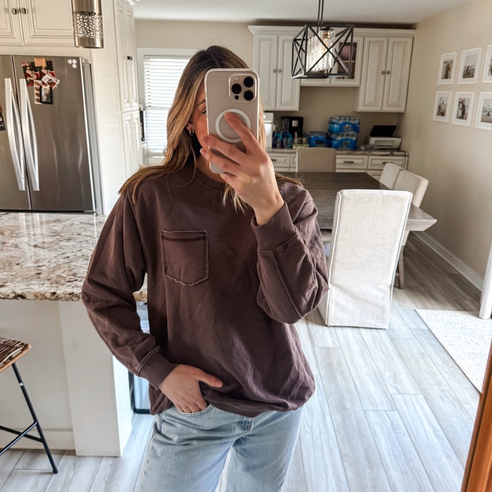Aerie Brown Crewneck Sweatshirt Pocket Front Size Small